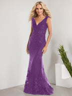 A-line V-Neck Floor-Length Lace Chiffon Mother of the Bride Dress With Applique Sequins Mermaid Dresses