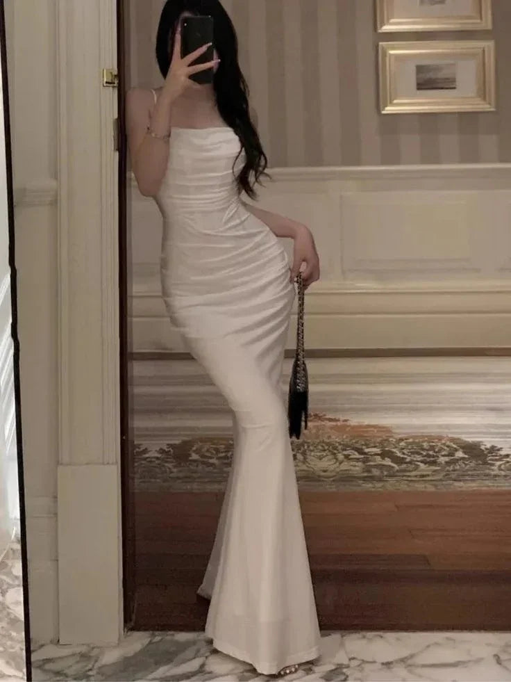 Vestido largo de noche sirena blanco con tirantes finos sexy Vestido largo de gala Y7787