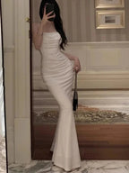Vestido largo de noche sirena blanco con tirantes finos sexy Vestido largo de gala Y7787