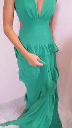Vestido de noche largo para baile de graduación Y8386, verde esmeralda, escote en V profundo, con volantes en capas y espalda descubierta