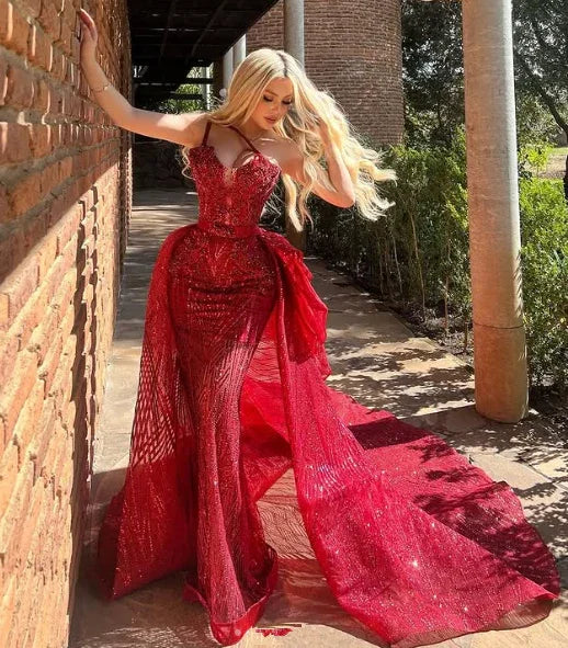 Vestido largo de fiesta y de noche con lentejuelas de tul burdeos brillante estilo sirena Y8535