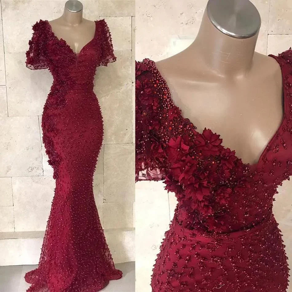 Robe de soirée fourreau à encolure en V avec pétales perlées Y956