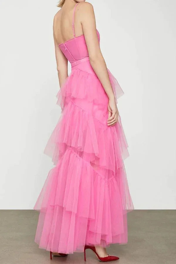 Elegantes A-Linien langes Ballkleid aus mehrlagigem pinkfarbenem Tüll Abendkleid Y1594
