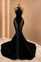 Abito lungo da sera nero sirena con strascico, elegante vestito da sera nero Y4178