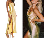 Vestido amarillo sencillo para fiesta con abertura, vestido de noche sensual Y1616