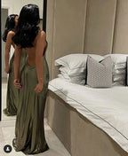 Vestido de Noite Sereia Verde Azeitona Sexy sem Costas Y7073