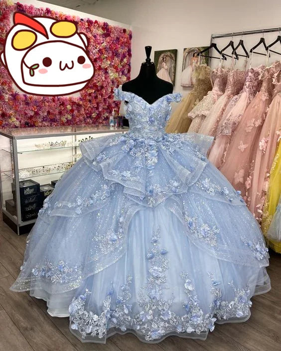 Robe de bal bleue à épaules dénudées avec fleurs, robe de princesse bleue, robe de seize ans Y2256