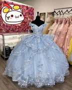 Robe de bal bleue à épaules dénudées avec fleurs, robe de princesse bleue, robe de seize ans Y2256