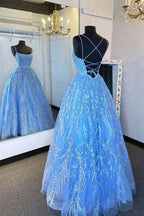 Vestido Formal Elegante com Alças e Aplicação Azul Vestido de Baile Vestido de Noite Y5890