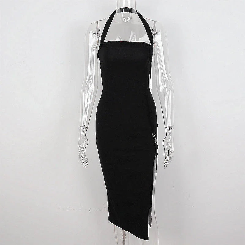 Robe de bal noire pour femme à col licou avec fente Robe de soirée noire sans manches sexy Y1161