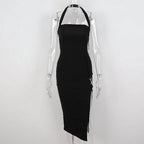 Robe de bal noire pour femme à col licou avec fente Robe de soirée noire sans manches sexy Y1161