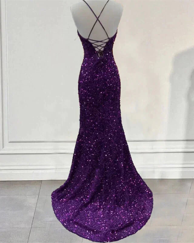 Vestido de Baile Roxo Escuro com Lantejoulas, Modelo Sereia, Vestido Formal de Noite com Fenda Y7212