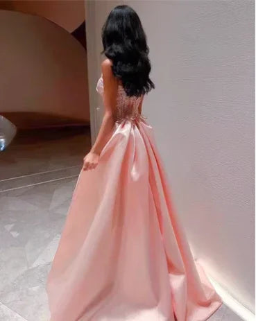 Baby Pink Satin Strapless Saudi Arabia Corset Sparkly Sequins Dubai Evening Dress Formal Party Dress Y4887