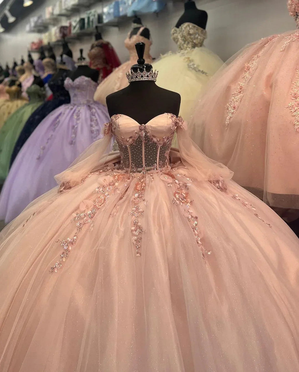 Vestido de quinceañera de tul con aplicaciones y mangas largas, vestido de baile, vestido para dulce dieciséis Y5461