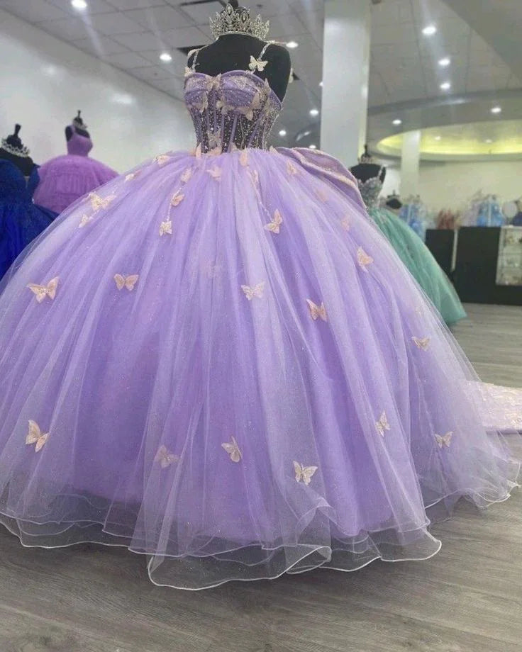 Vestido de Princesa em Tule Roxo Deslumbrante com Borboletas, Vestido de Baile, Vestido Doce 16 Y5463