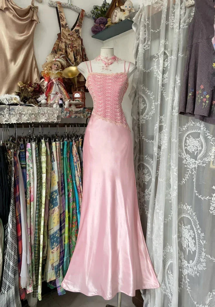 Chic Pink Spaghetti Straps Satin Mermaid Prom Evening Dress Y8104