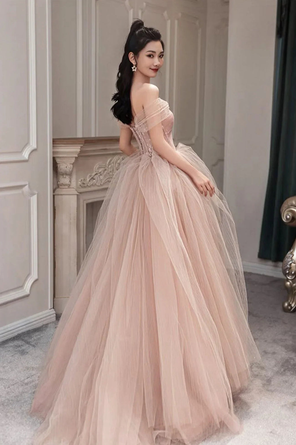 Vestido longo de baile em tule cor-de-rosa Vestido de noite cor-de-rosa Y1825