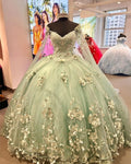 Vestido de Bola em Tule Verde Menta com Flores 3D, Vestido Doce 16, Vestido de Princesa, Vestido de Quinceanera Y2252