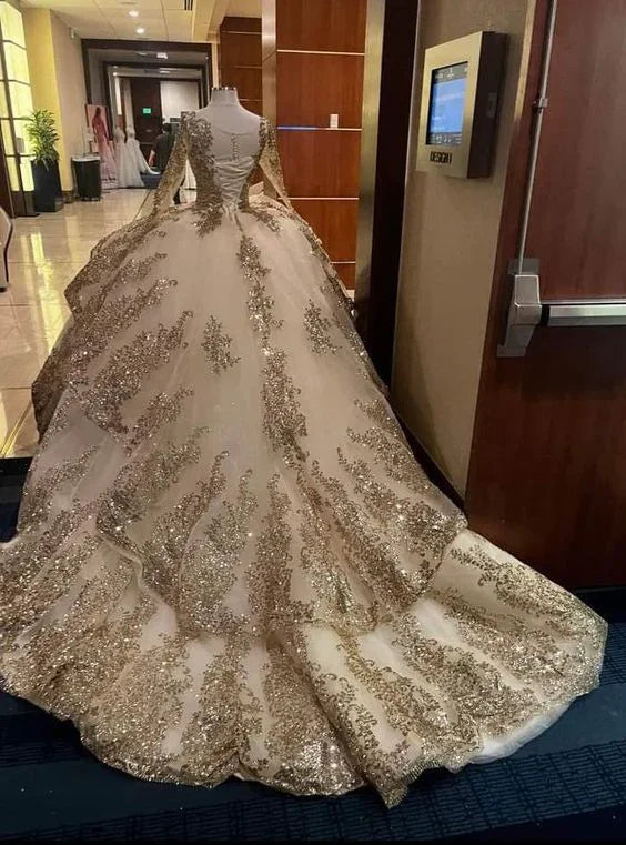 Vestidos de Manga Comprida com Brilhos Luxuosos Vestidos de Baile de Tule com Aplicações Românticas Y443
