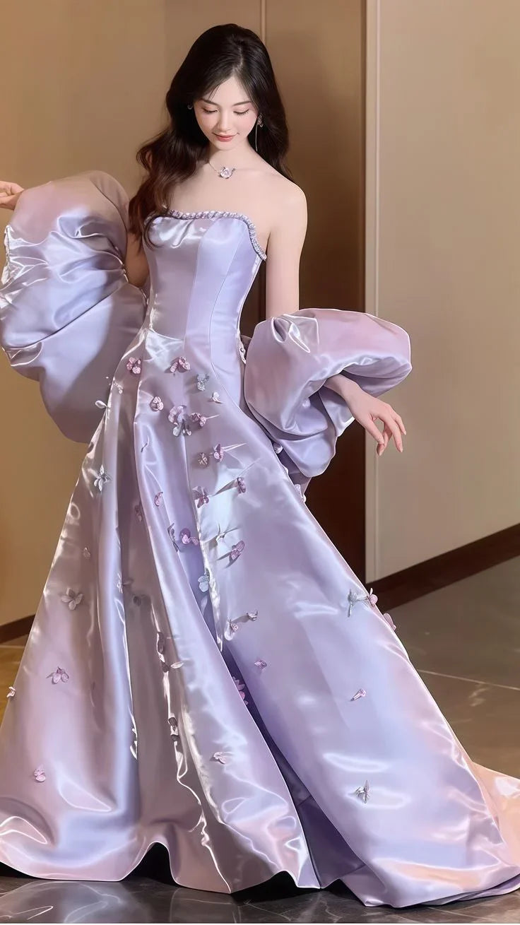 Vestido de fiesta sin tirantes con apliques de satén lila bonito, corte en línea A, vestido de noche Y7903