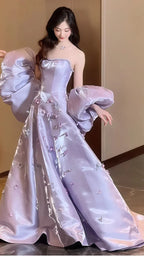 Vestido de fiesta sin tirantes con apliques de satén lila bonito, corte en línea A, vestido de noche Y7903