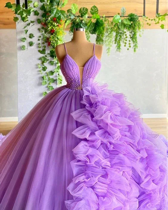 Vestido de baile morado de tul con escote en V y falda en línea A, vestido de princesa morado, vestido de hada Y6590
