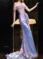 Vestido largo formal de noche morado con lentejuelas y cuentas, estilo sirena, con hombros descubiertos y brillo Y8182