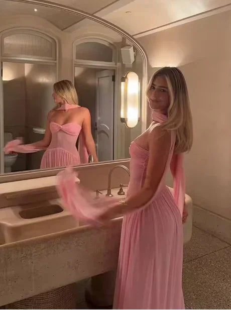 Vestido longo de baile de chiffon rosa com decote em coração Y8479