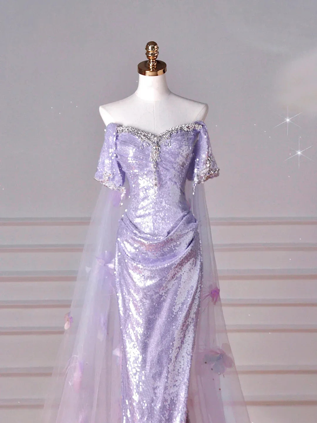 Vestido de noite lilás com lantejoulas, tule e contas, estilo sereia com racha, ombros descobertos, apliques de tule, vestido de baile Y8632