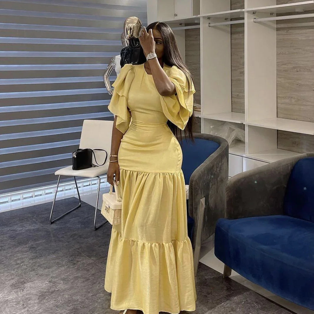 Vestido Simples Amarelo Longo de Noite, Vestido Amarelo para Convidada de Casamento Y4082