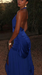 Vestido largo azul de noche para fiesta, escote halter y espalda descubierta, modelo Y7889