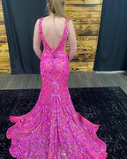Vestido de Noite Luxuoso com Decote Profundo em V, Modelo Sereia, Cor-de-Rosa, Vestido Formal para Baile Y7819