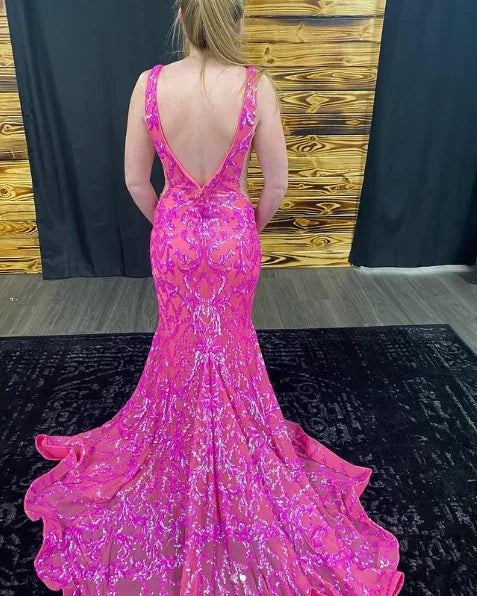 Vestido de Noite Luxuoso com Decote Profundo em V, Modelo Sereia, Cor-de-Rosa, Vestido Formal para Baile Y7819