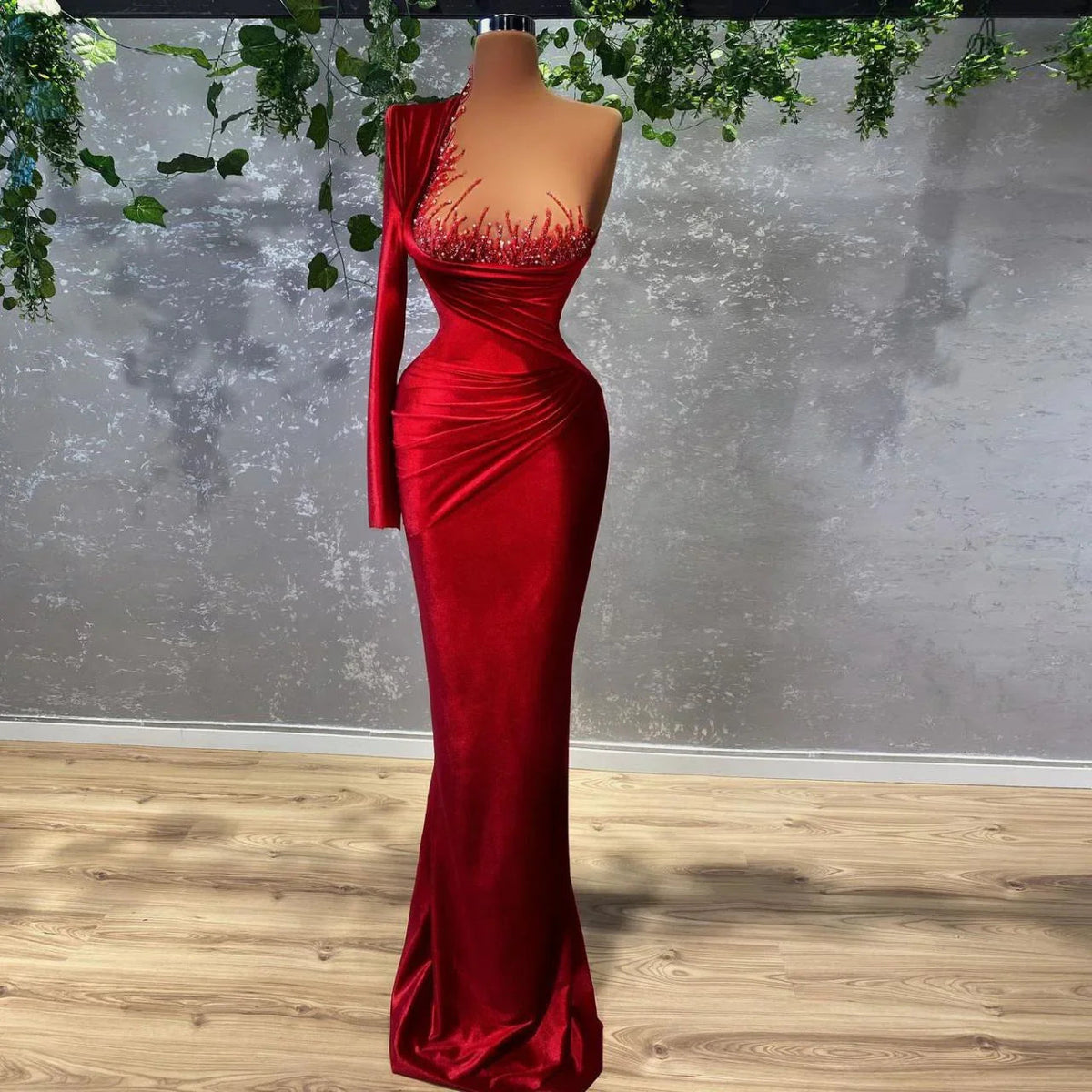 Vestidos modernos de terciopelo con un solo hombro y cuentas para alfombra roja, vestidos de noche para mujer, vestido sirena de baile de graduación Y1907