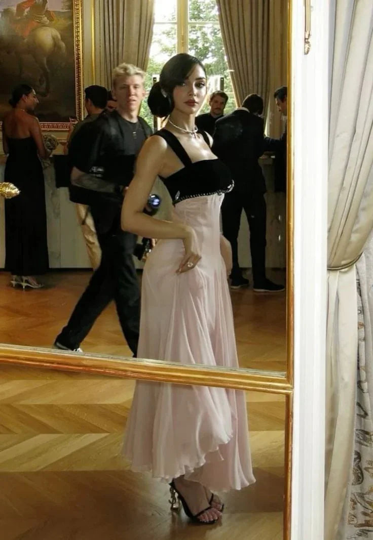 Vestido de fiesta largo de tirantes elegantes, línea A, color rosa Y7900
