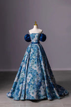 Blue Printed Long A-Line Prom Dress Blue Off the Shoulder Formal Evening Dress Y4605