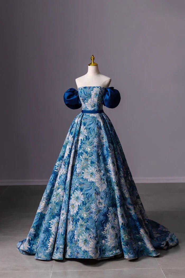 Blue Printed Long A-Line Prom Dress Blue Off the Shoulder Formal Evening Dress Y4605