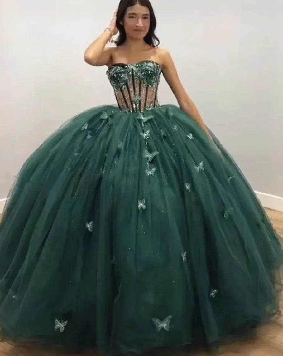 Robe de bal en tulle vert avec papillons, robe de seize ans, robe de quinceañera verte Y2344