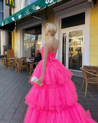 Vestido largo de fiesta/baile rosa princesa línea A alto bajo sin tirantes con volantes Y76