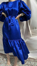 Vestido de noite com mangas de lanterna azul real, vestido simples para festa Y5513