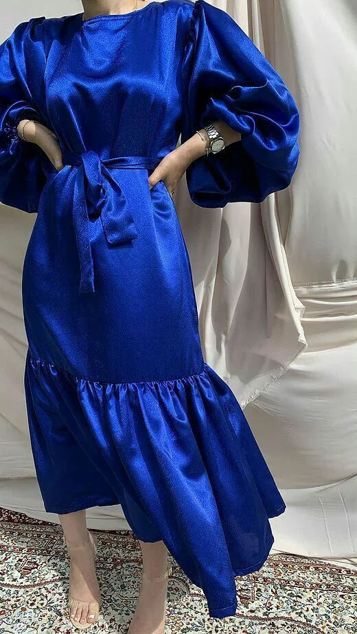 Vestido de noite com mangas de lanterna azul real, vestido simples para festa Y5513