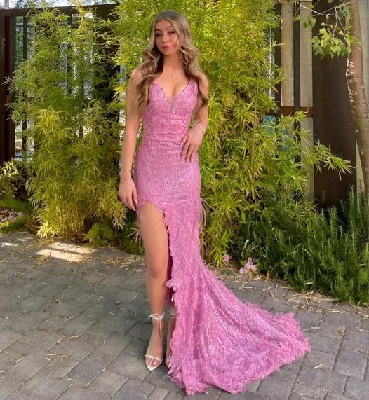 Vestido de noche sirena lujoso con lentejuelas rosas, encaje y plumas, vestido de gala con abertura Y7872