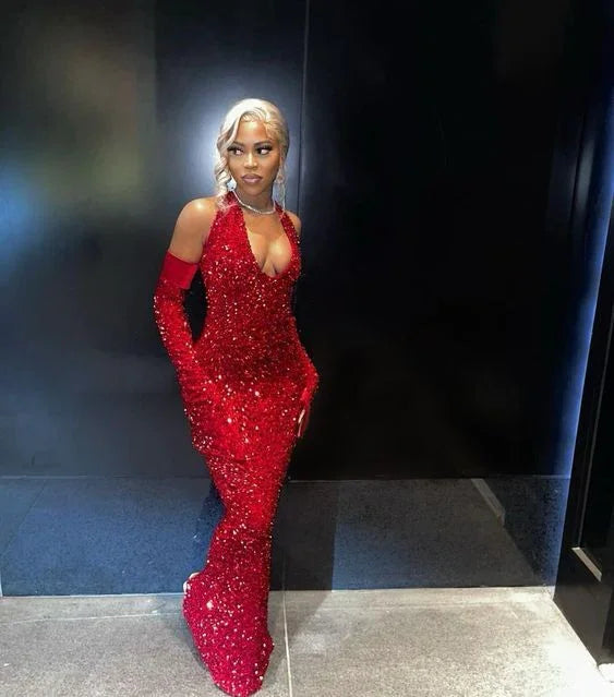 Black Girl Sexy Halter Sequin Red Prom Dress Long Mermaid Evening Dress Y7822