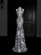 Vestido de noche escotado en V profundo plateado brillante con lentejuelas, cuentas y espalda descubierta, vestido de sirena para baile de graduación Y8687