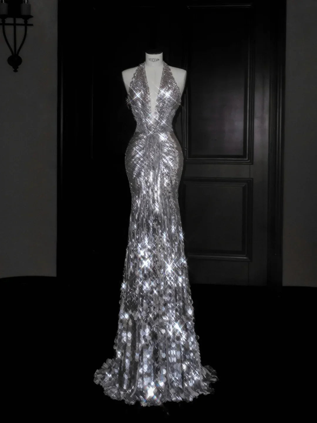 Vestido de noche escotado en V profundo plateado brillante con lentejuelas, cuentas y espalda descubierta, vestido de sirena para baile de graduación Y8687