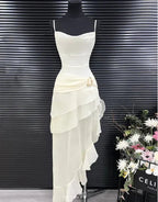 Vestido de Noite Elegante de Sereia em Chiffon Branco Vestido Longo de Baile com Folhos Y7716
