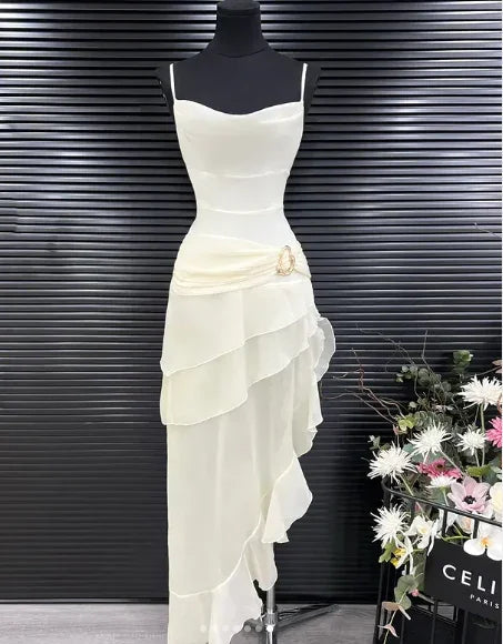Vestido de Noite Elegante de Sereia em Chiffon Branco Vestido Longo de Baile com Folhos Y7716