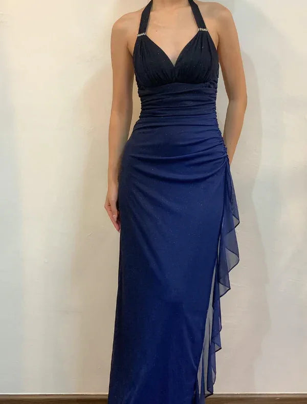 Robe longue de bal en mousseline bleu marine dégradé à col en V et dos nu, robe de soirée pour fête Y7486