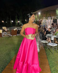 Vestido de noche elegante rosa rosa sin tirantes en línea A sin mangas de satén para baile de graduación Y5147