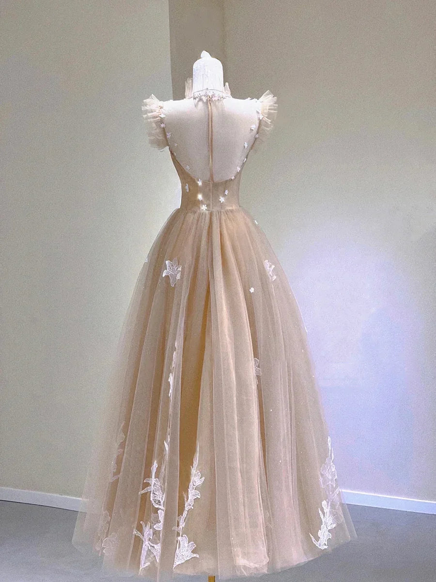 Champagne Lace Tea Length Prom Dresses A-Line Evening Dresses Y6471
